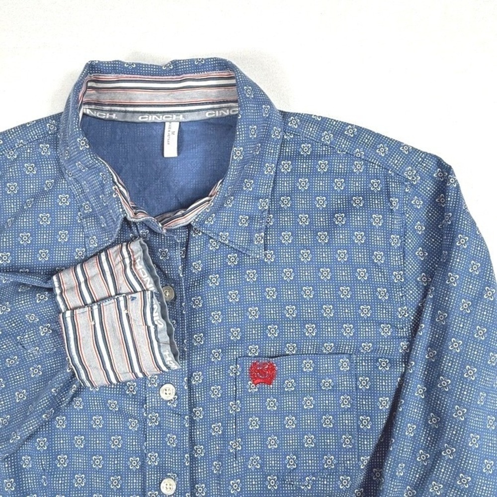 Cinch Womens Blue Geometric Floral Print Western Button Down Shirt Size Medium